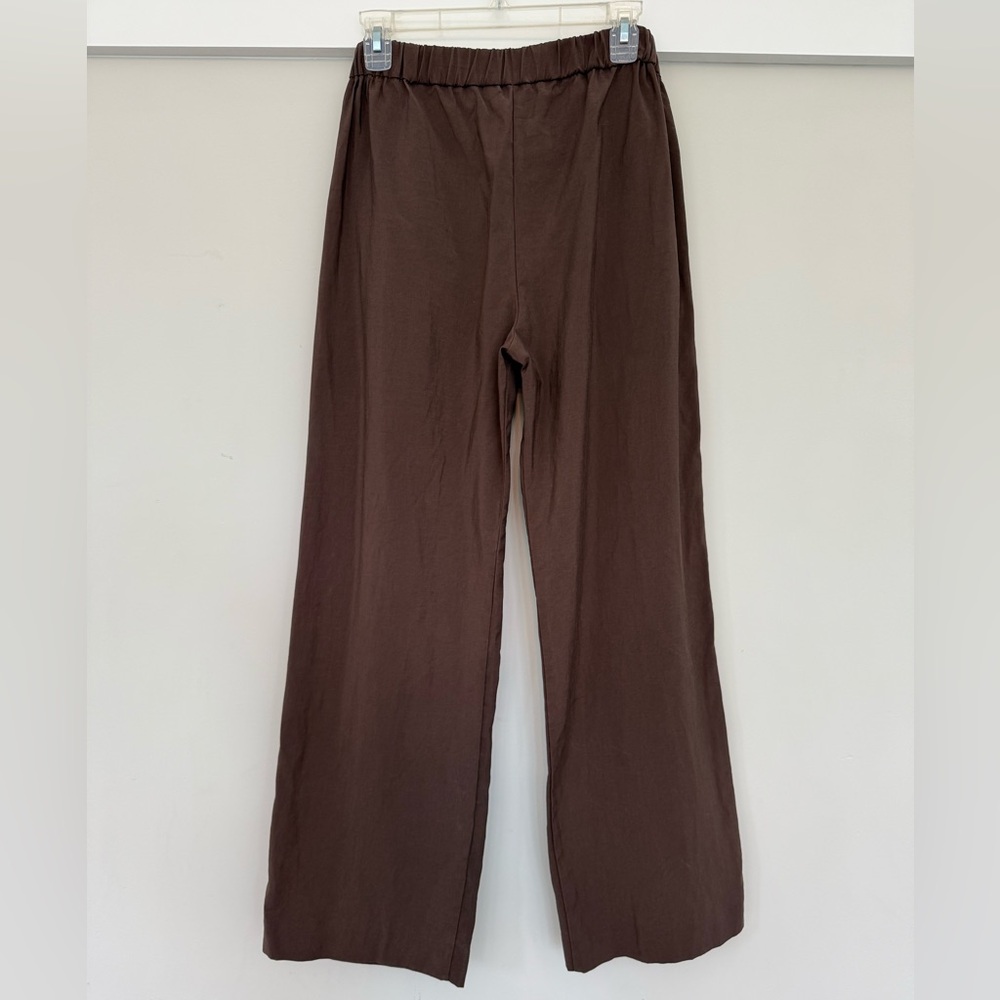 ZARA Straight Leg High Rise Pants Trousers Pull On Chocolate Brown Small Pockets